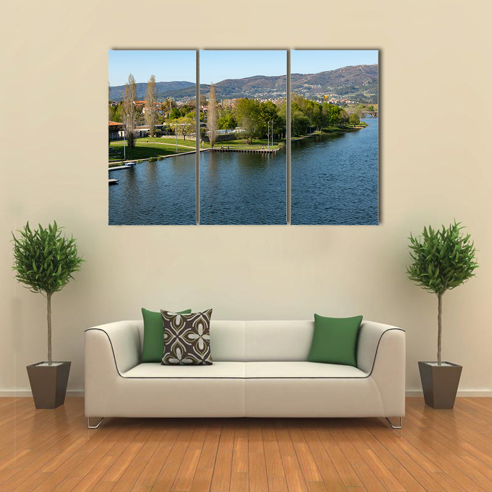 Aerial view of Nautical Club near Rio Lima in Ponte de Lima multi panel canvas wall art