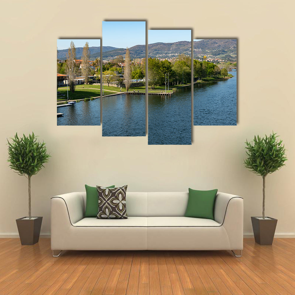 Aerial view of Nautical Club near Rio Lima in Ponte de Lima multi panel canvas wall art