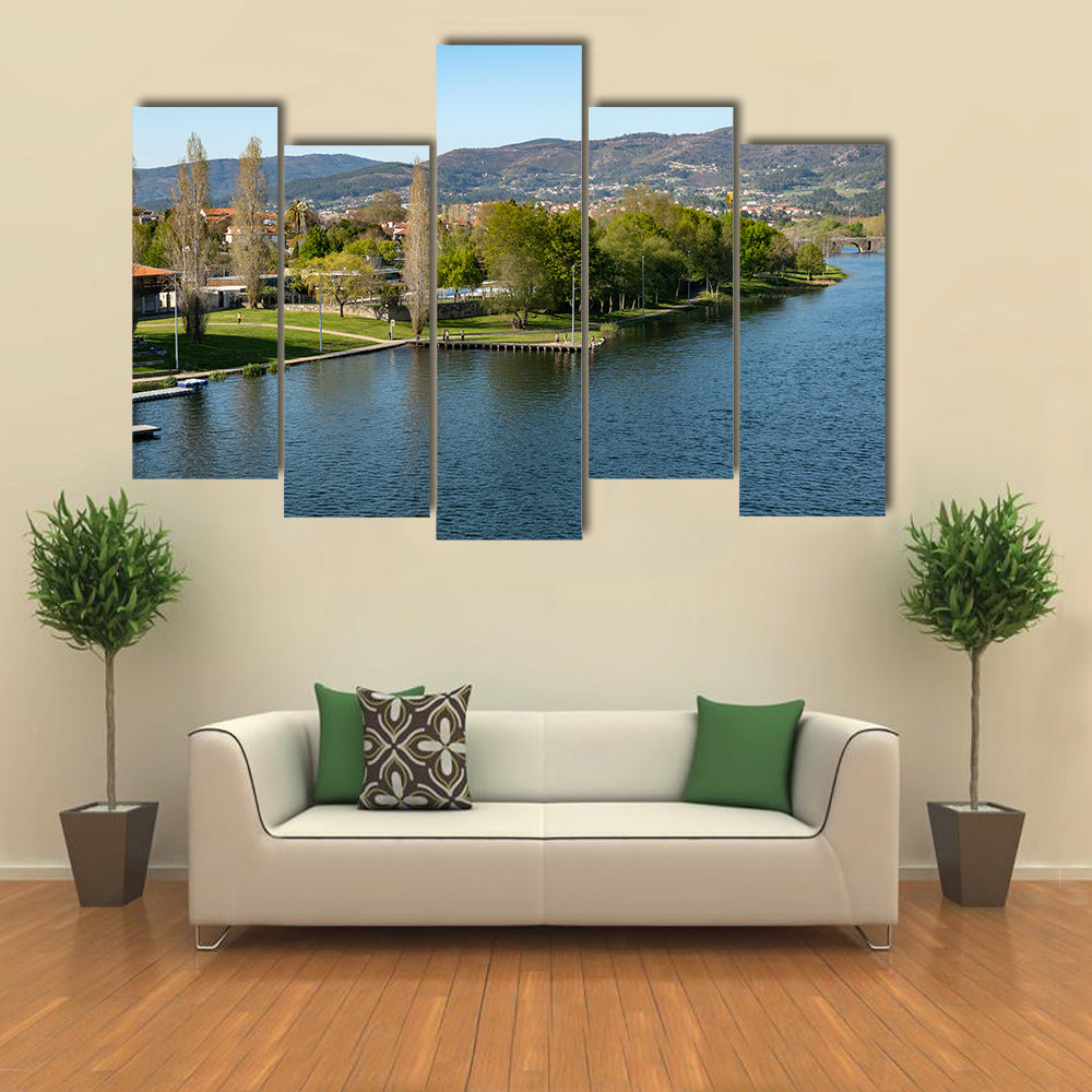 Aerial view of Nautical Club near Rio Lima in Ponte de Lima multi panel canvas wall art