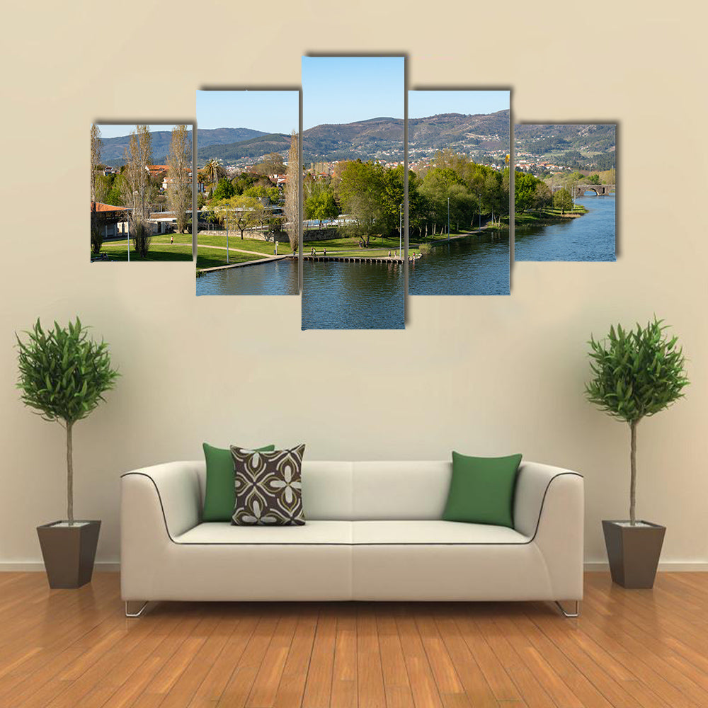 Aerial view of Nautical Club near Rio Lima in Ponte de Lima multi panel canvas wall art