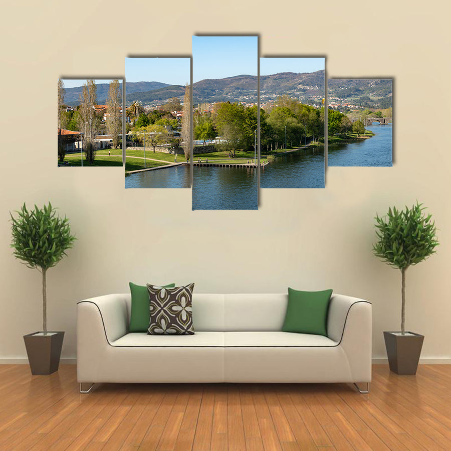 Aerial view of Nautical Club near Rio Lima in Ponte de Lima multi panel canvas wall art