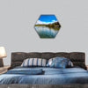 Mountain and white clouds reflected in Pyramid Lake hexagonal canvas wall art