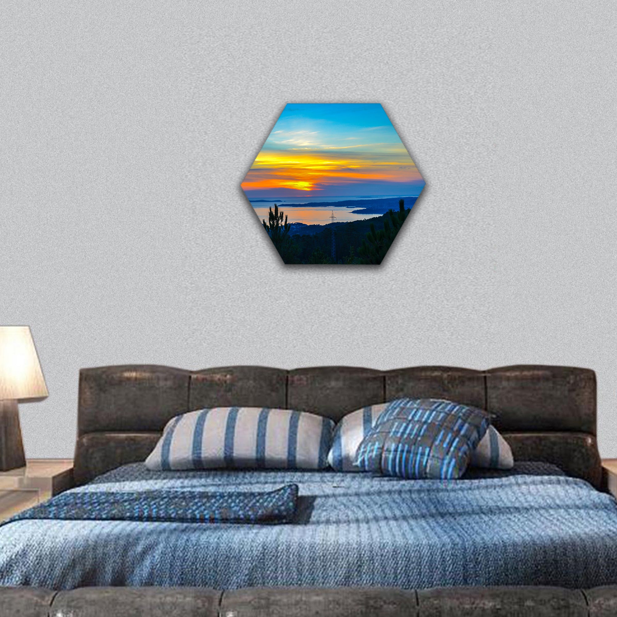 Colorful sunset over the sea hexagonal canvas wall art