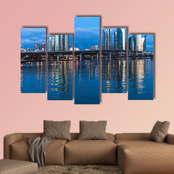 Marine City at night, panoramic skyline of luxury skyscrapers multi panel canvas wall art