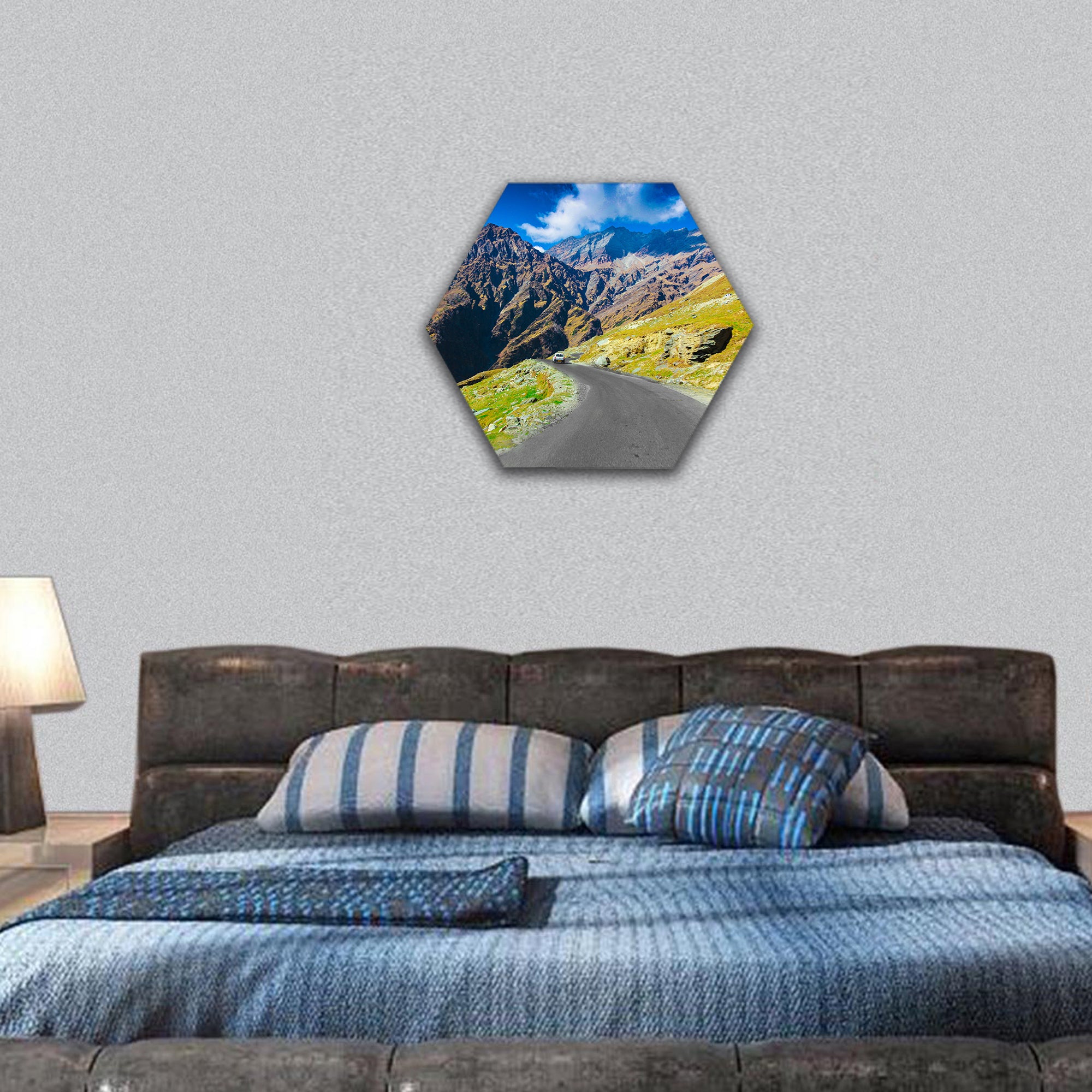 Highway with green pasture and blue sky, India hexagonal canvas wall art