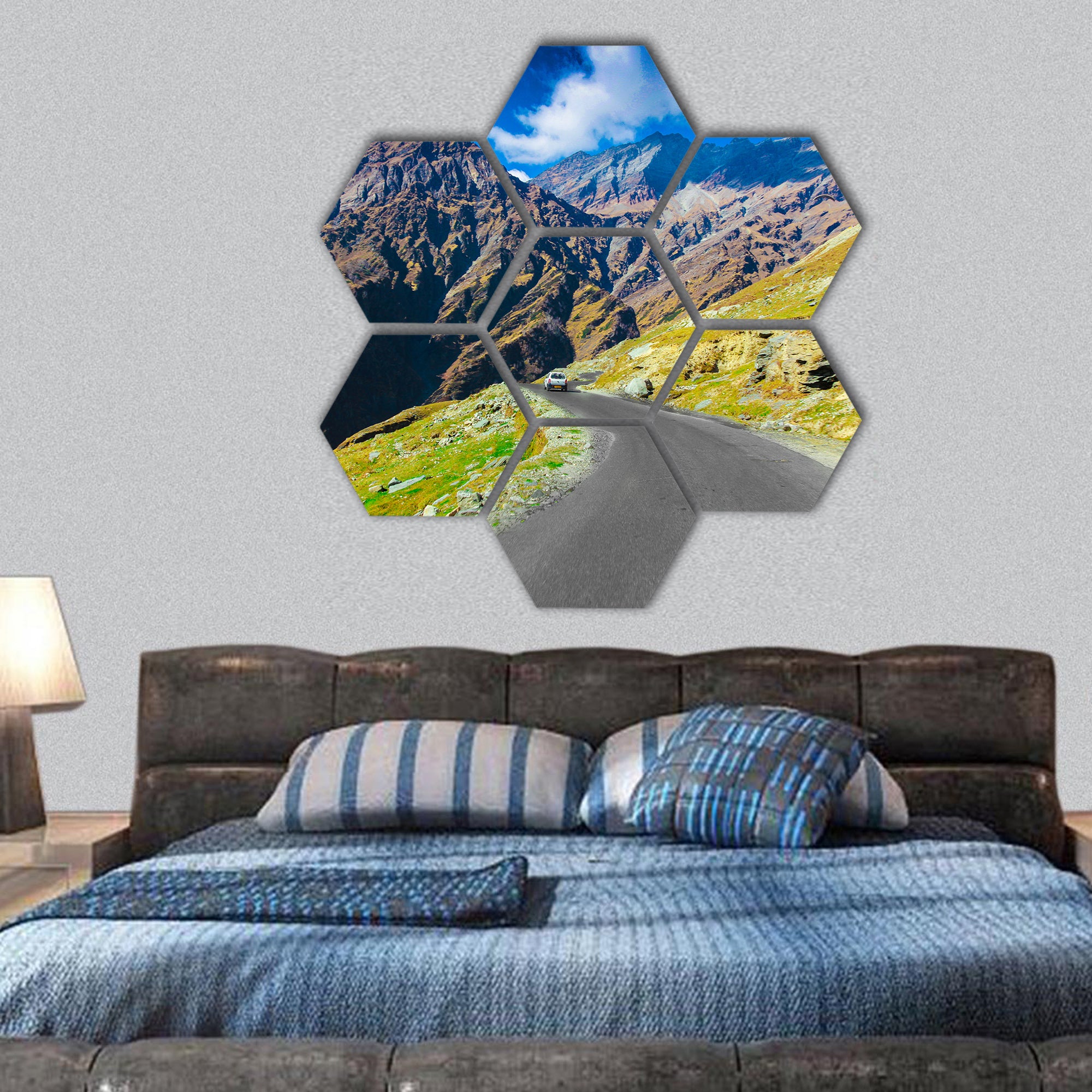 Highway with green pasture and blue sky, India hexagonal canvas wall art