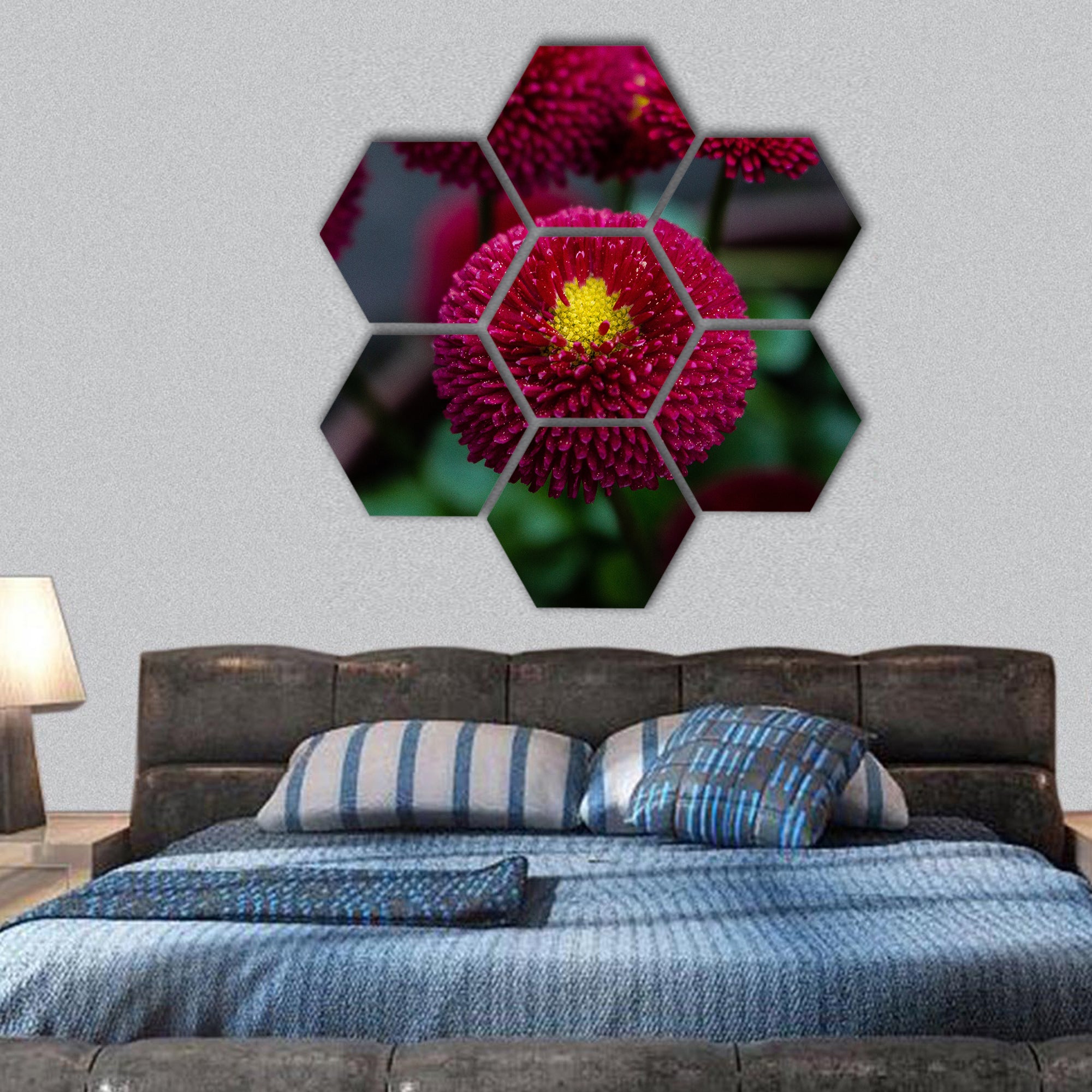 Red flowers in apot hexagonal canvas wall art