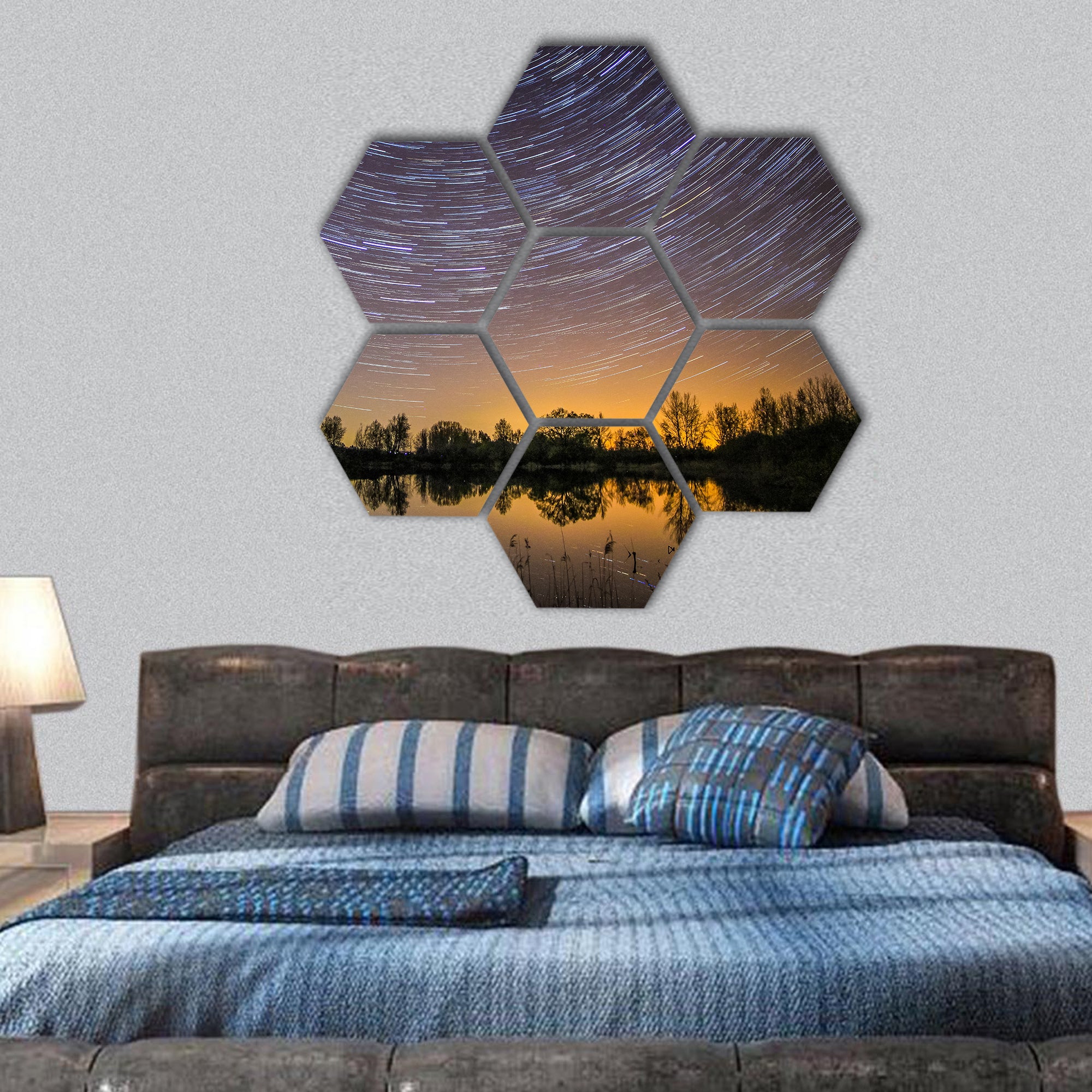 Colorful star trails with reflection in lake hexagonal canvas wall art