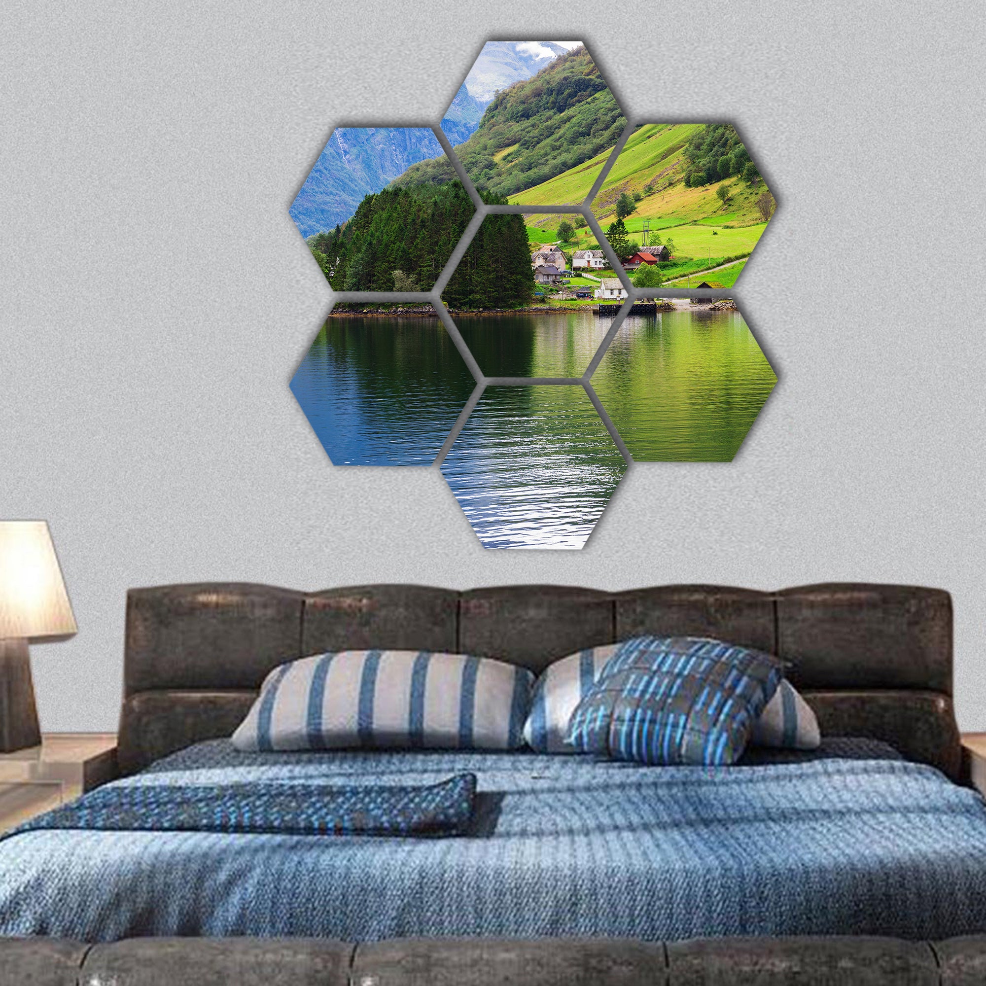 Small town in a Norwegian fiord, Norway hexagonal canvas wall art