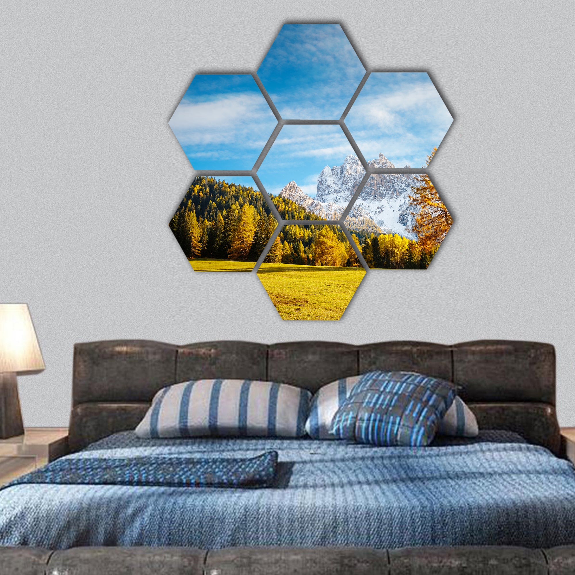 Scenic alpine peaks , Dolomites,  National park , Europe hexagonal canvas wall art