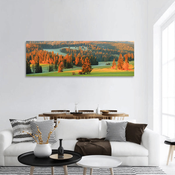 Valley with christmas trees panoramic canvas wall art.