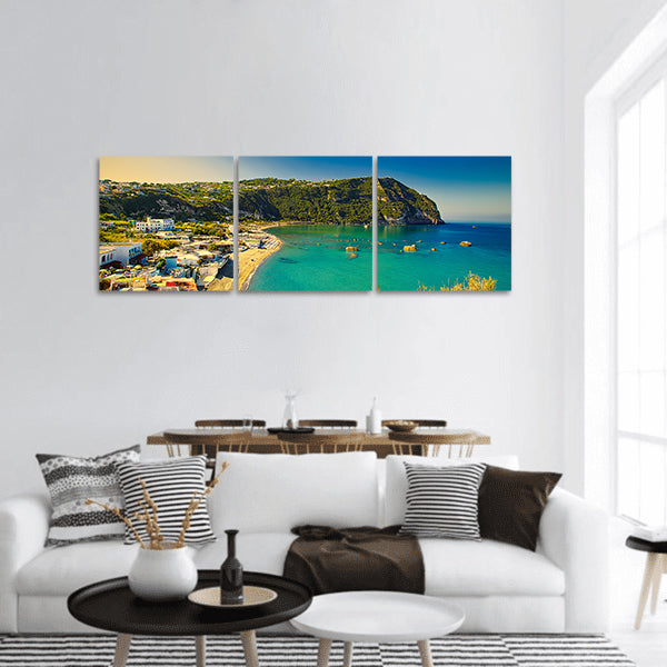 Clear water of bay on Ischia Island in Italy panoramic canvas wall art.