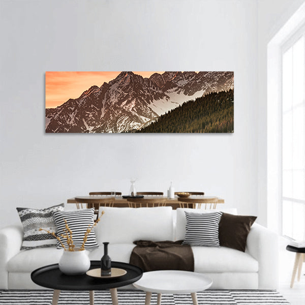 Winter mountain in the morning panoramic canvas wall art.