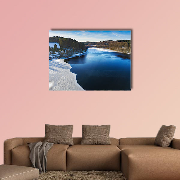 Aerial view of the partially frozen Lingese dam multi panel canvas wall art