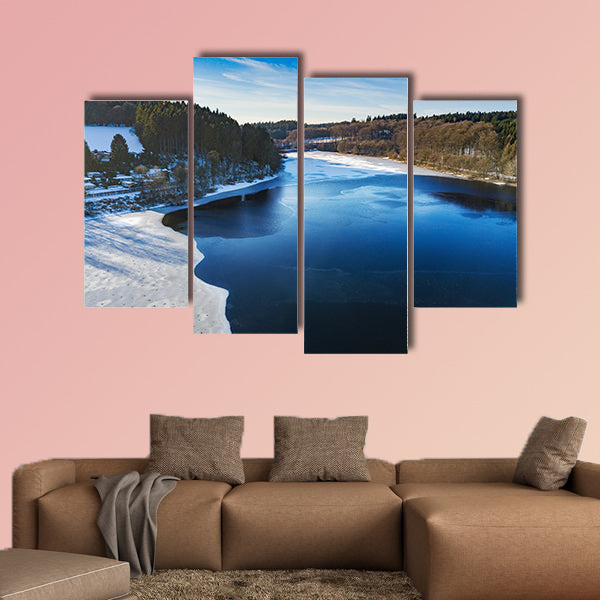 Aerial view of the partially frozen Lingese dam multi panel canvas wall art