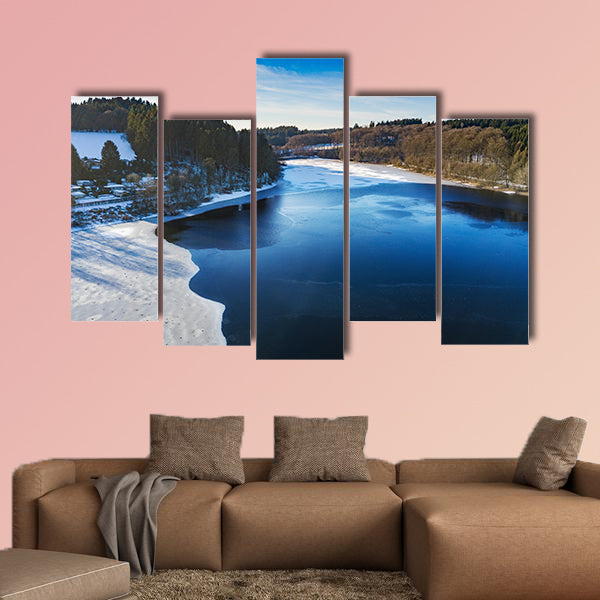 Aerial view of the partially frozen Lingese dam multi panel canvas wall art