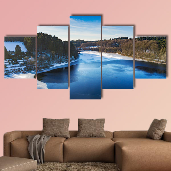 Aerial view of the partially frozen Lingese dam multi panel canvas wall art