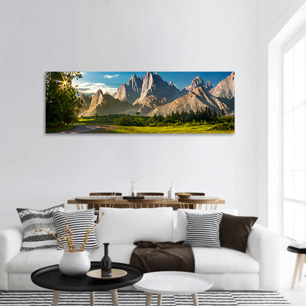 Rocky peaks at sunset panoramic canvas wall art.