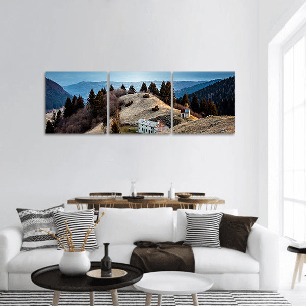 Sunrise on a small hut panoramic canvas wall art.