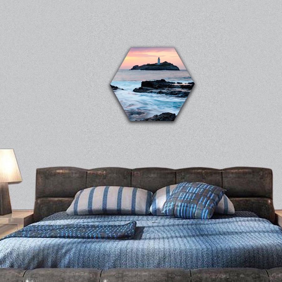 Sunset on the cliffs at Godrevy Island hexagonal canvas wall art
