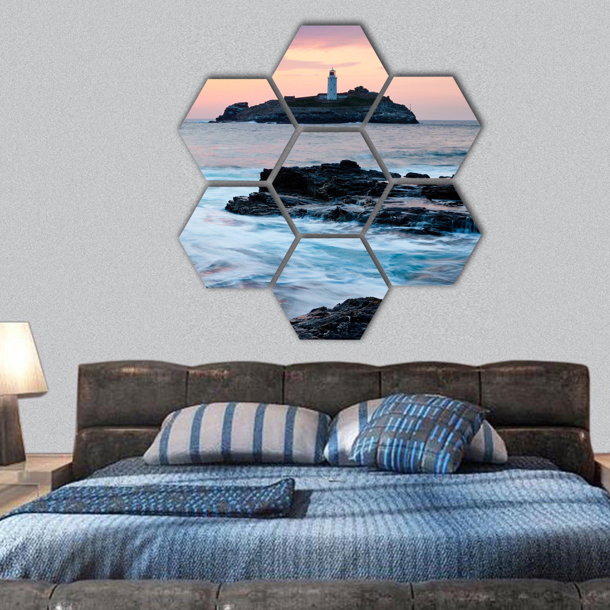 Sunset on the cliffs at Godrevy Island hexagonal canvas wall art