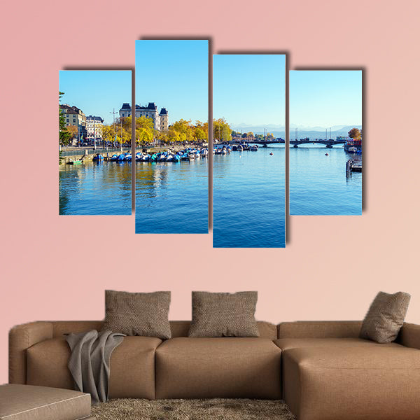 Embankment of river Limmat with city tram in warm light, wall art
