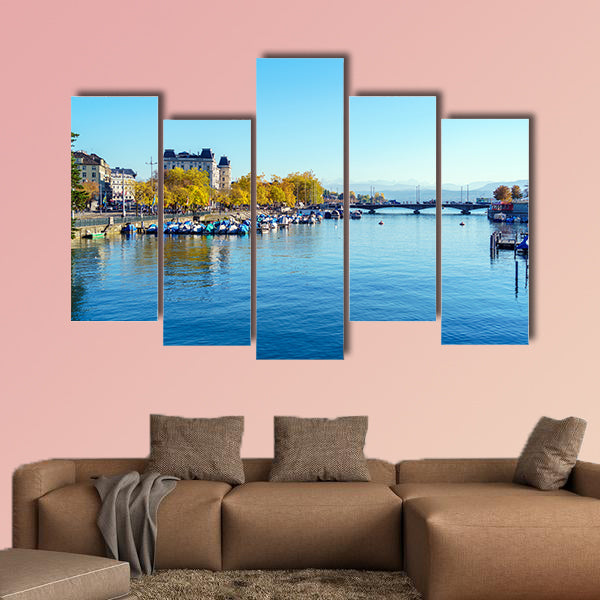 Embankment of river Limmat with city tram in warm light, wall art