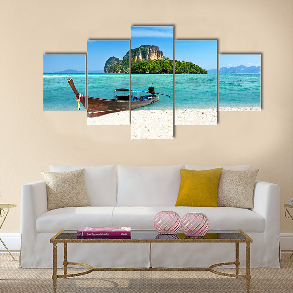 Long boat and poda island in Thailand Multi panel canvas wall art