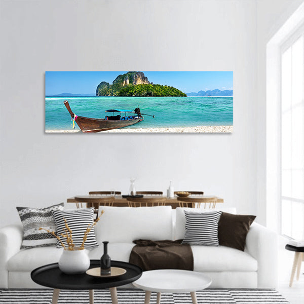 Long boat and poda island in Thailand panoramic canvas wall art