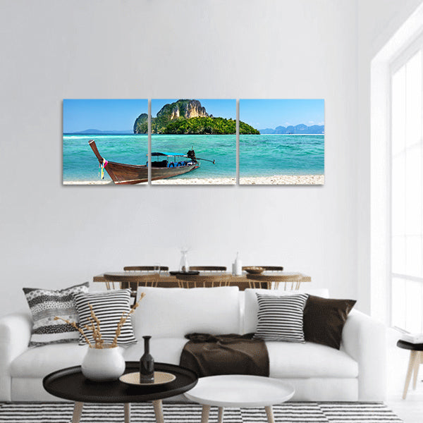 Long boat and poda island in Thailand panoramic canvas wall art