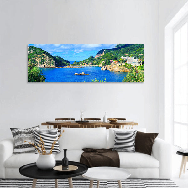 View of the coastline into the sea bays panoramic canvas wall art