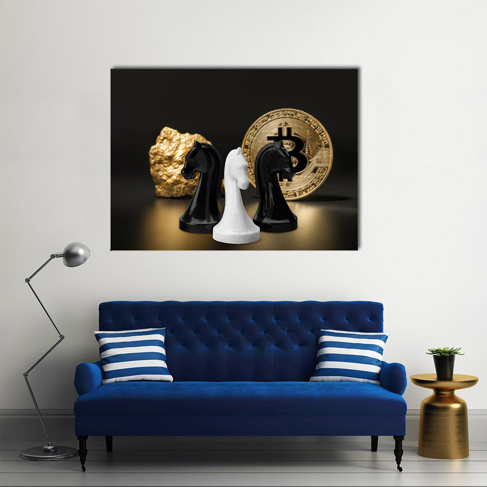 Chess figures and golden bitcoin multi panel canvas wall art