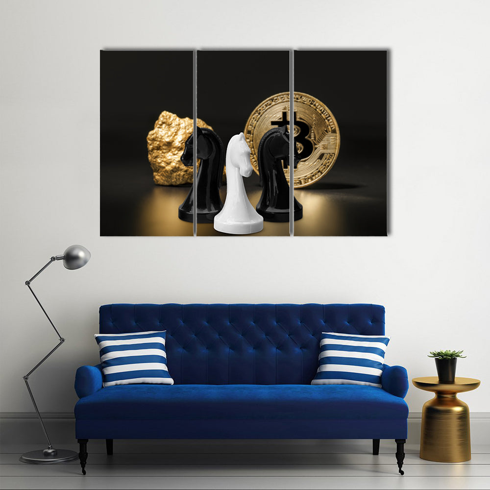 Chess figures and golden bitcoin multi panel canvas wall art