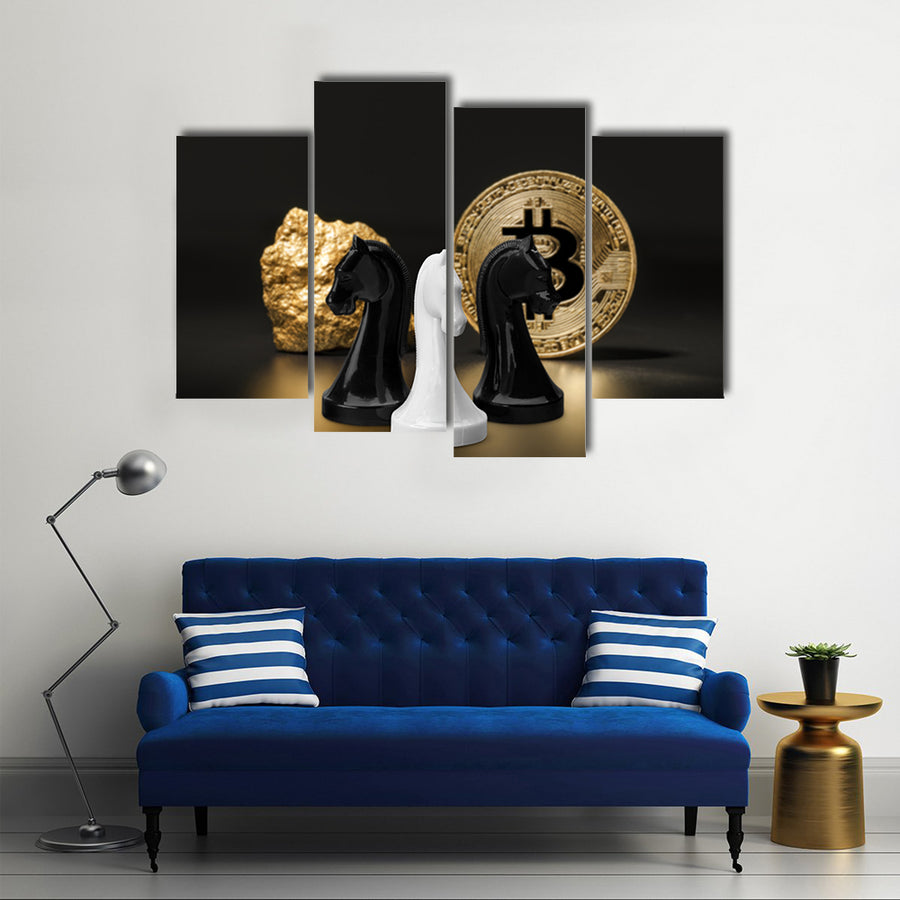 Chess figures and golden bitcoin multi panel canvas wall art