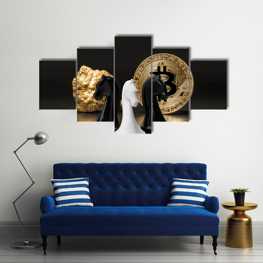 Chess figures and golden bitcoin multi panel canvas wall art
