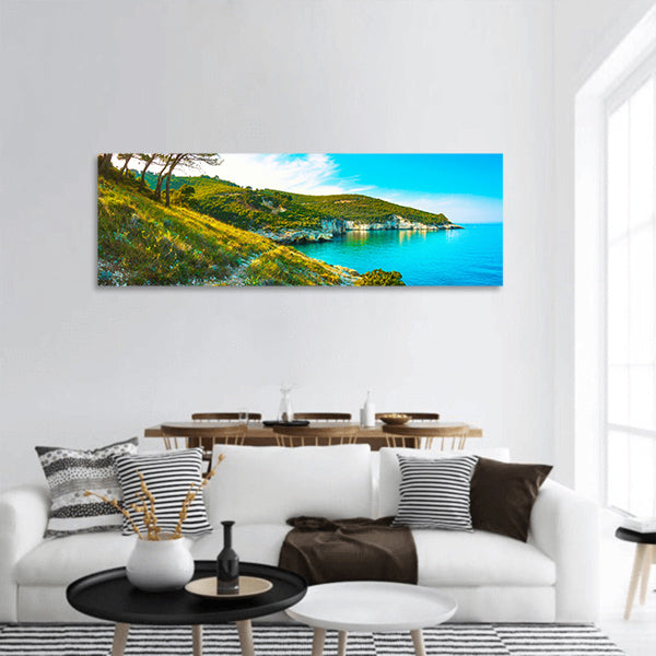 Rocky wild coast and trees at sunset panoramic canvas wall art