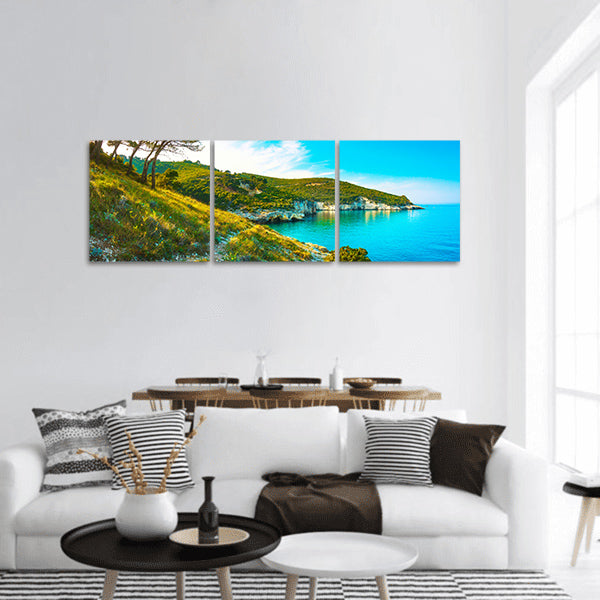 Rocky wild coast and trees at sunset panoramic canvas wall art