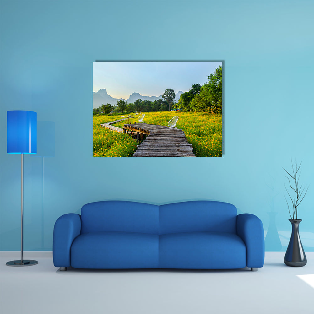 The Beautiful Yellow Cosmos Flower With Walkway, Thailand Multi Panel Canvas Wall Art