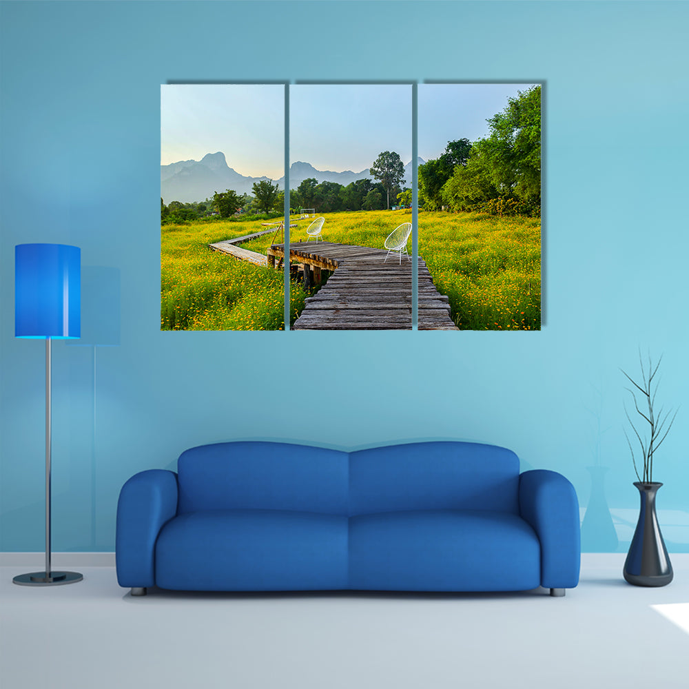 The Beautiful Yellow Cosmos Flower With Walkway, Thailand Multi Panel Canvas Wall Art