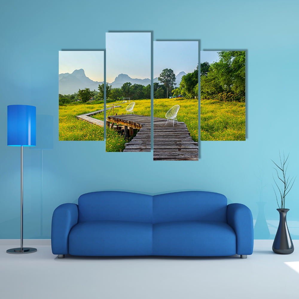 The Beautiful Yellow Cosmos Flower With Walkway, Thailand Multi Panel Canvas Wall Art