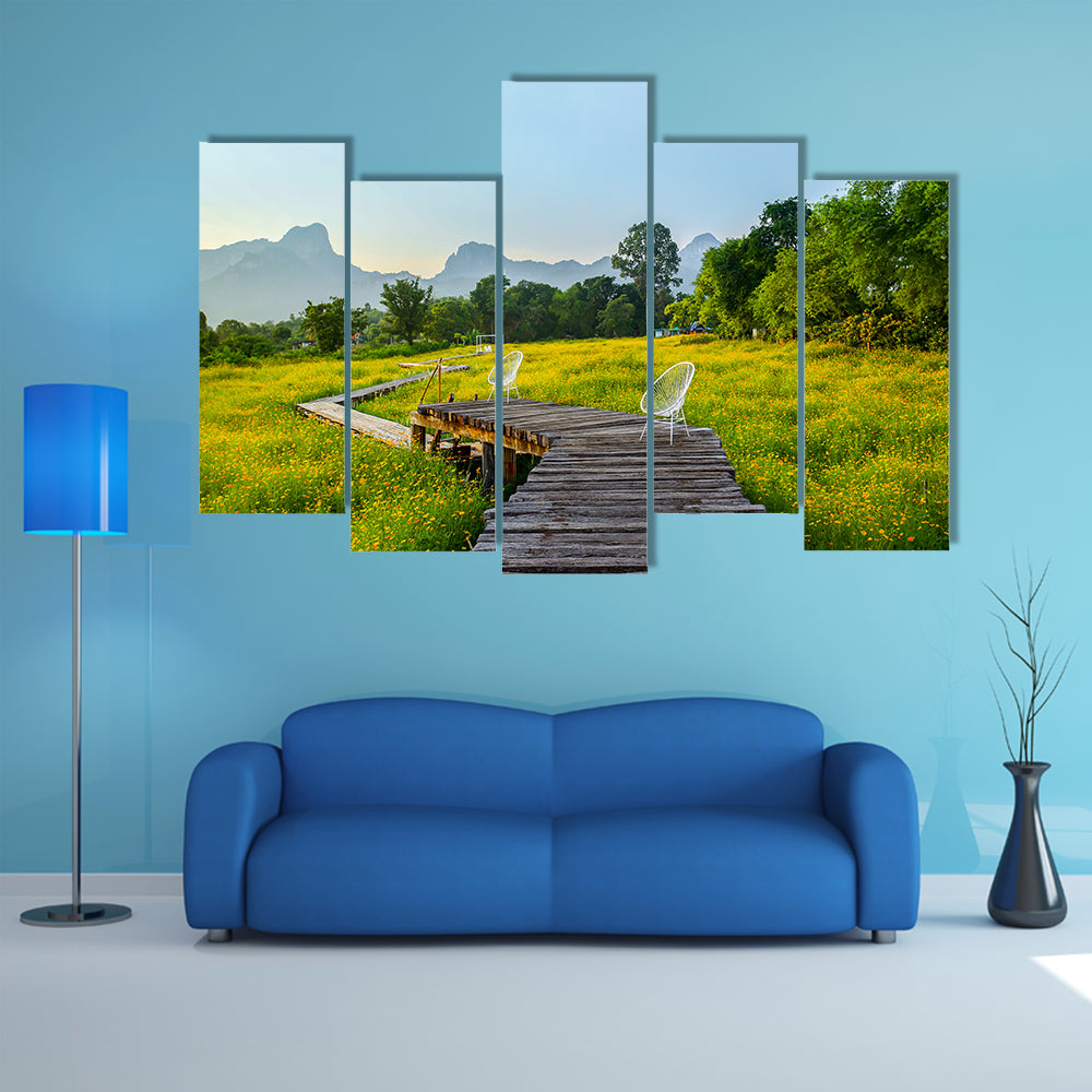 The Beautiful Yellow Cosmos Flower With Walkway, Thailand Multi Panel Canvas Wall Art