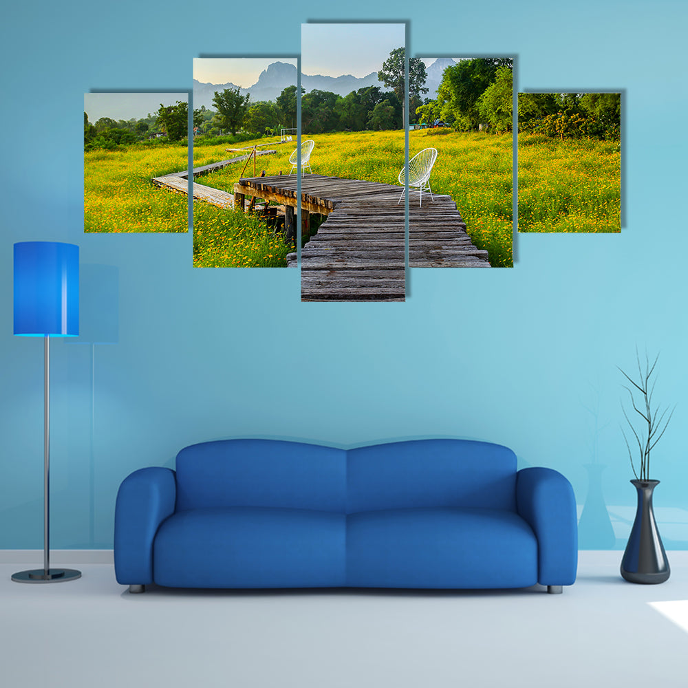 The Beautiful Yellow Cosmos Flower With Walkway, Thailand Multi Panel Canvas Wall Art