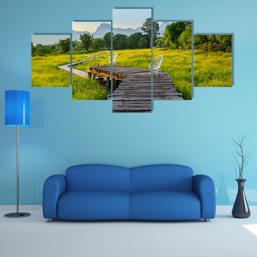 The Beautiful Yellow Cosmos Flower With Walkway, Thailand Multi Panel Canvas Wall Art