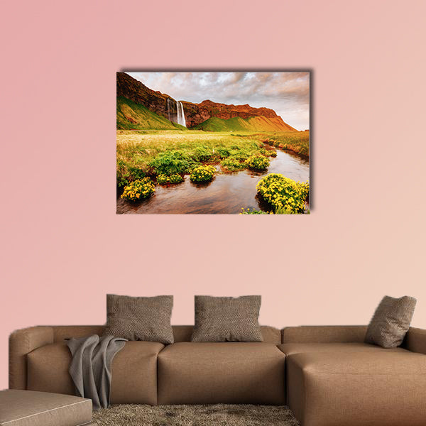 Lovely view of blooming green field in sunlight multi panel canvas wall art
