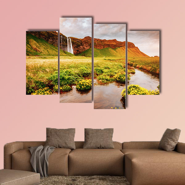 Lovely view of blooming green field in sunlight multi panel canvas wall art