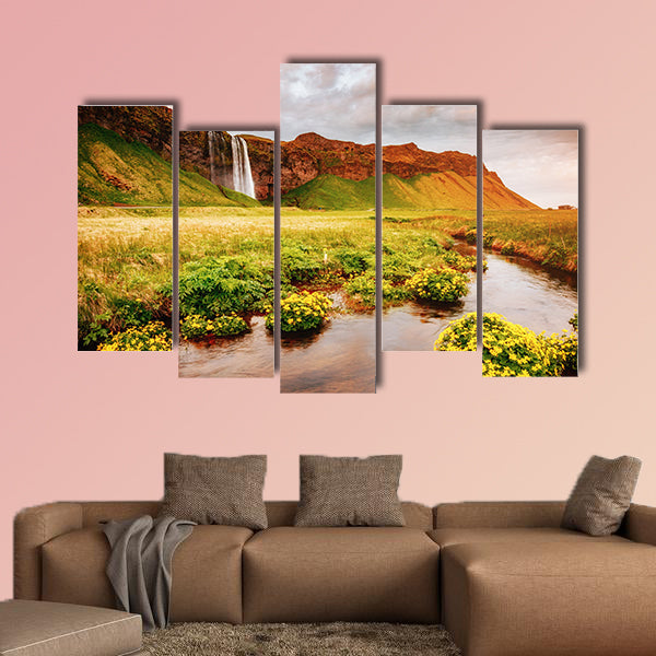 Lovely view of blooming green field in sunlight multi panel canvas wall art