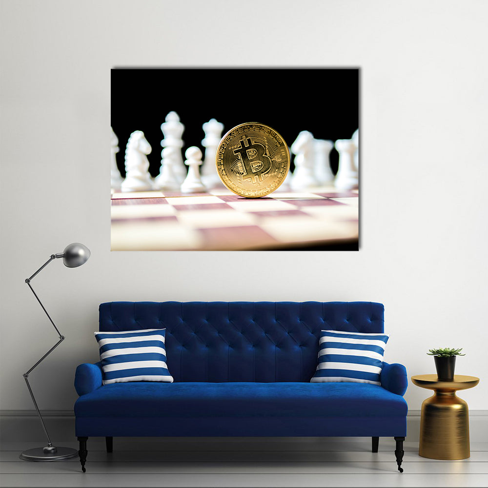 Golden Bitcoin with white chess isolated on black background multi panel canvas wall art