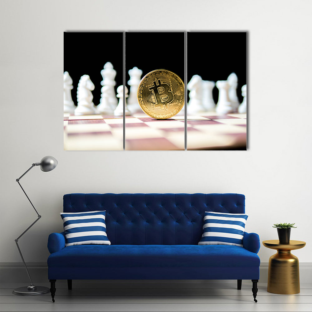 Golden Bitcoin with white chess isolated on black background multi panel canvas wall art
