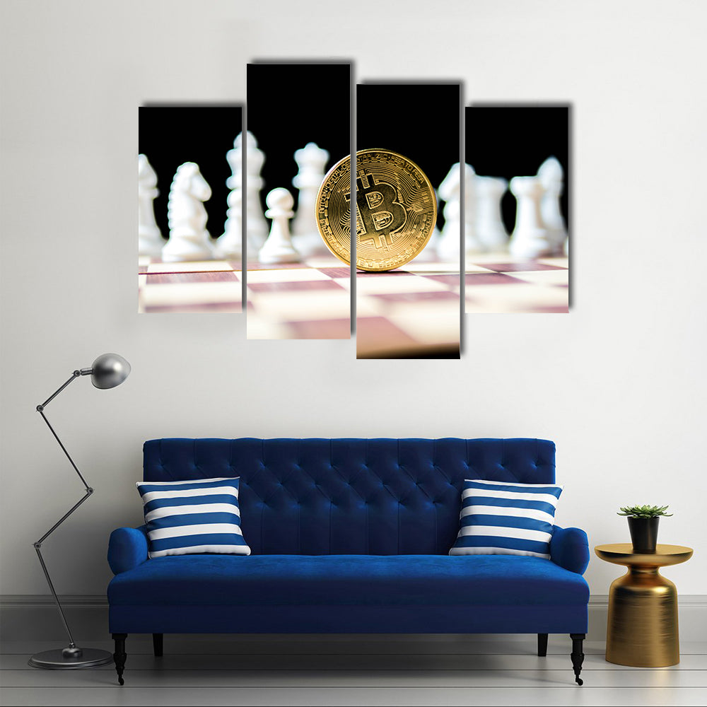 Golden Bitcoin with white chess isolated on black background multi panel canvas wall art