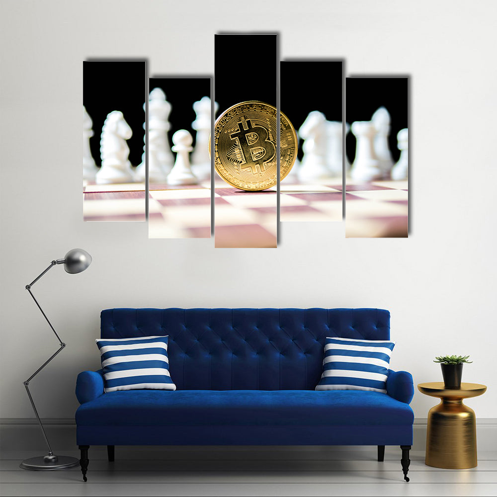 Golden Bitcoin with white chess isolated on black background multi panel canvas wall art